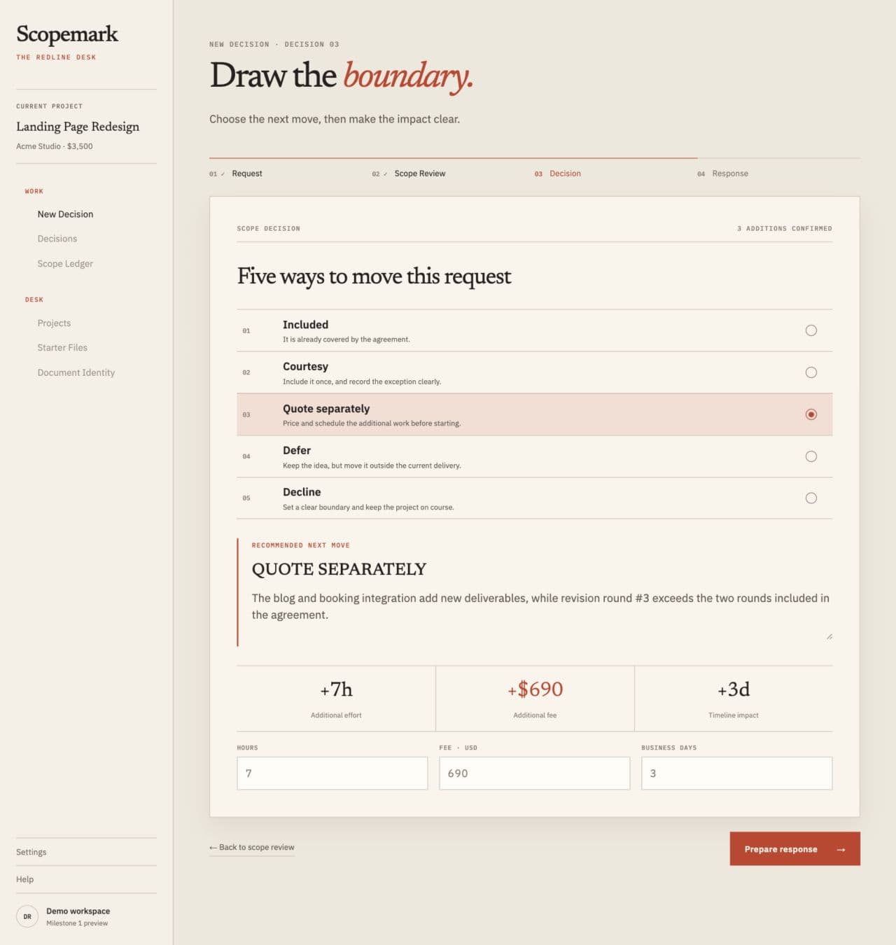 Scopemark Decision screen with Quote separately selected and editable commercial impact