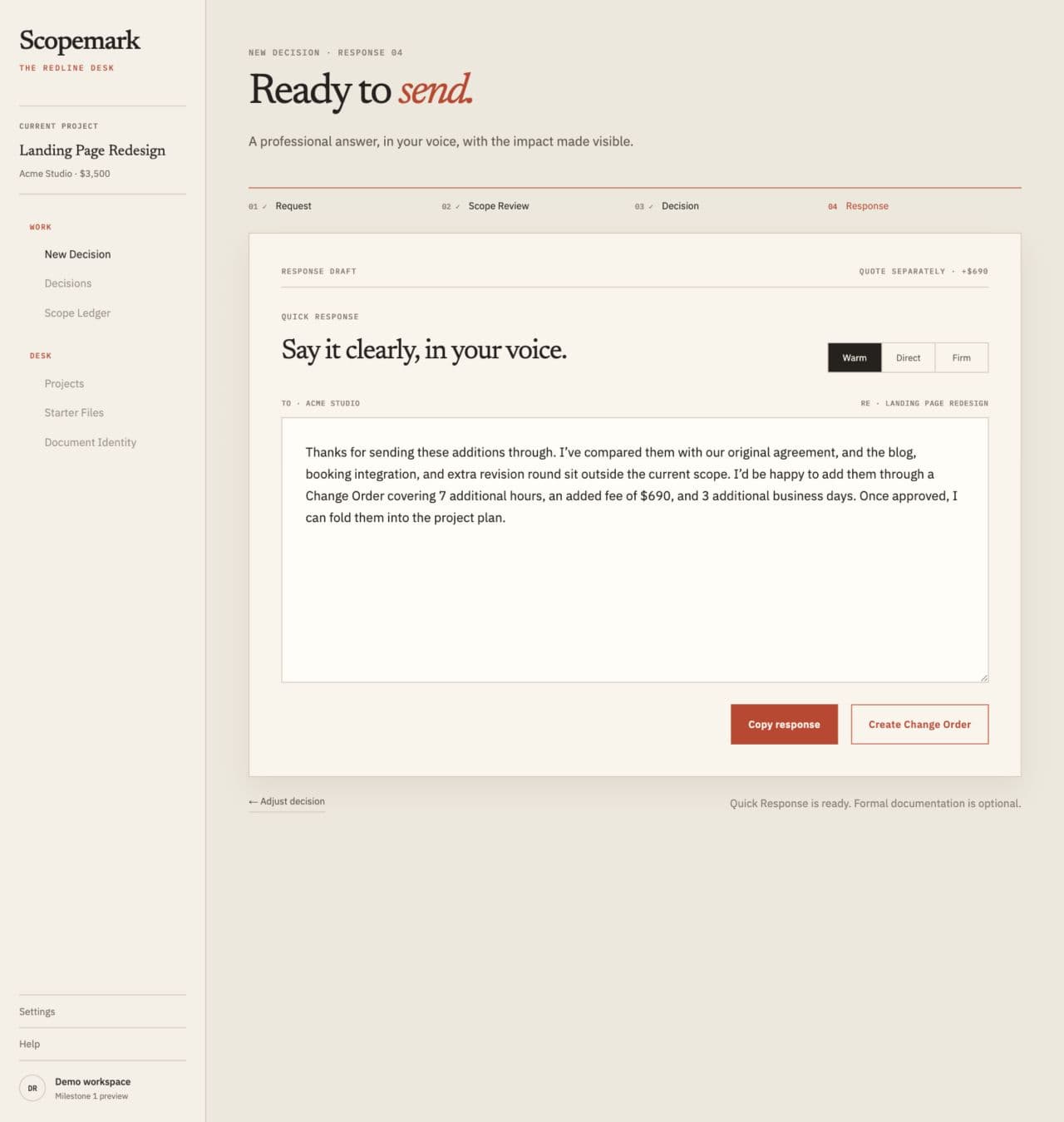 Scopemark Response screen with Warm, Direct, and Firm response tones
