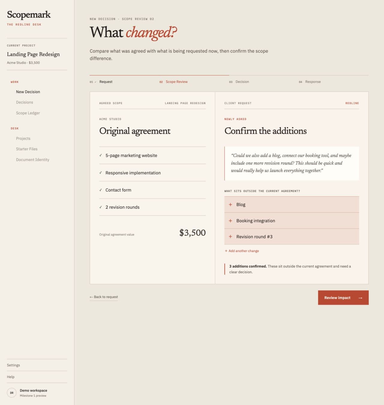 Scopemark Scope Review showing the original agreement beside confirmed client-request additions
